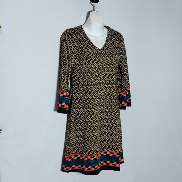Jude Connally Size XS Flare Sleeve Dress V Neck Nylon Spandex Geom Printed USA - Picture 1 of 4